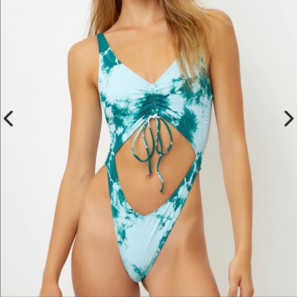 Frankie’s Bikinis Skylar Cut Out One Piece Bikini Tie Dye Tide Green